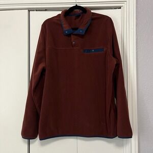 Mens Fleece Pullover Burgundy Red Snap‎ Button Mock Neck Long Sleeve Casual